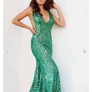 Jovani Green Sequin Backless Gown